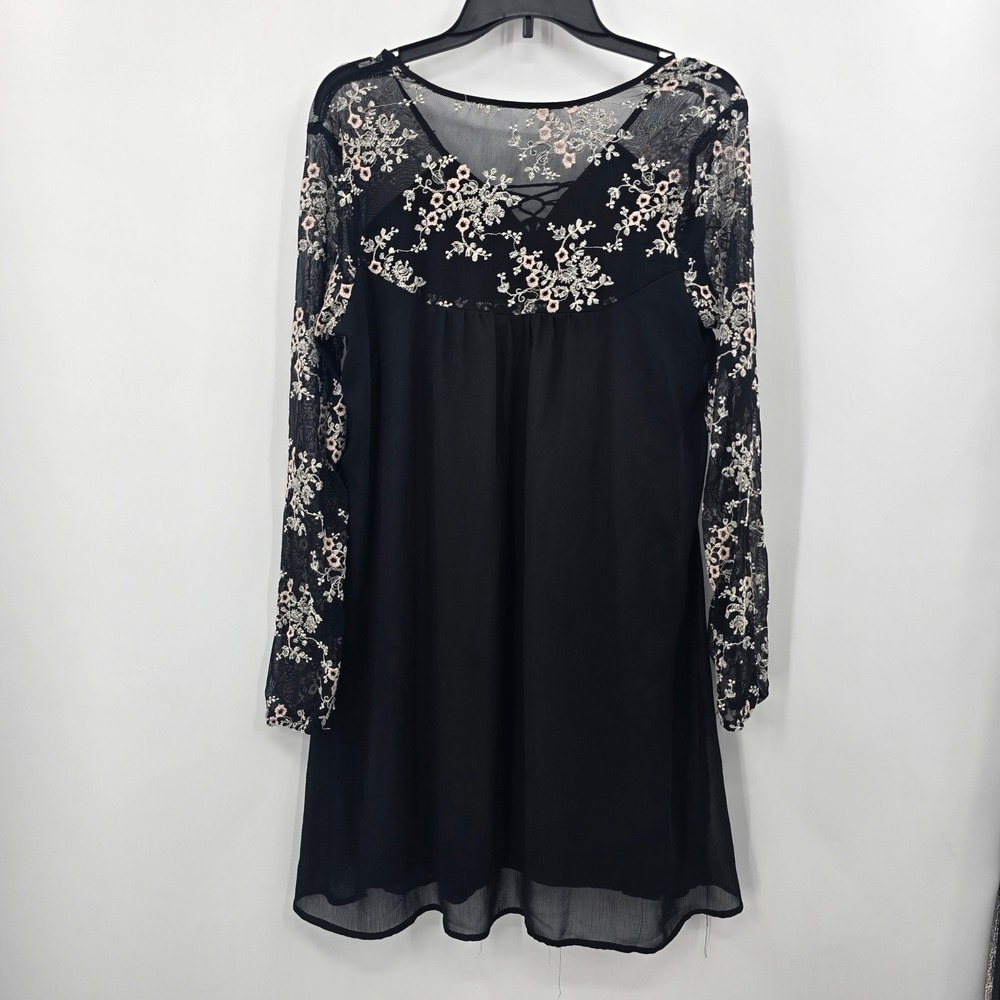 Black Floral Embroidered Mesh Long Sleeve Mini Dress Lace Up Tassel Boho